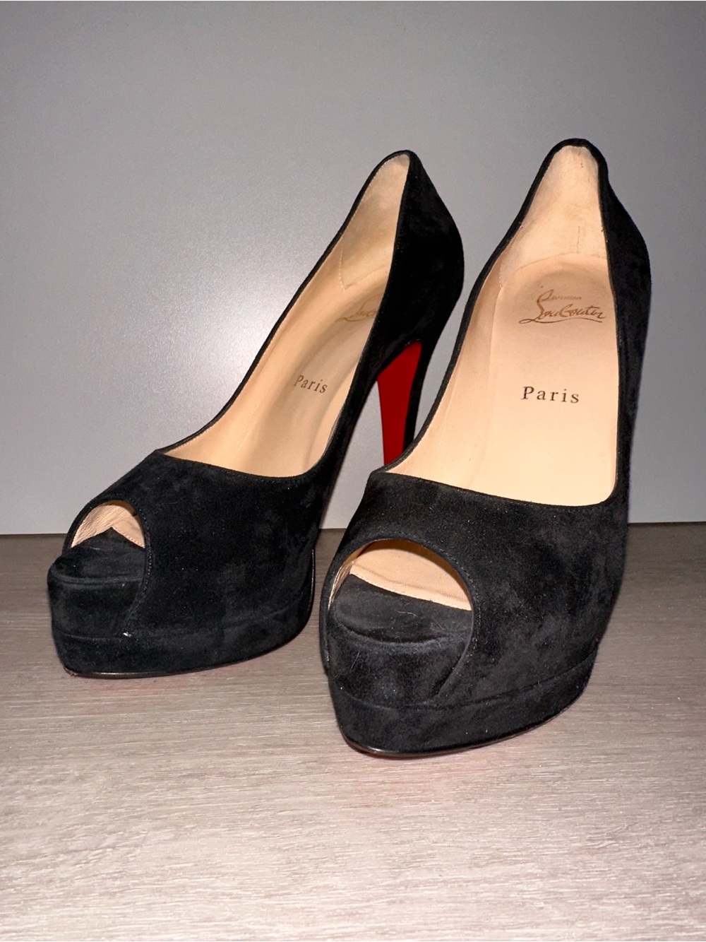 Christian Louboutin Black Suede Peep-Toe Platform Pumps with Red Soles